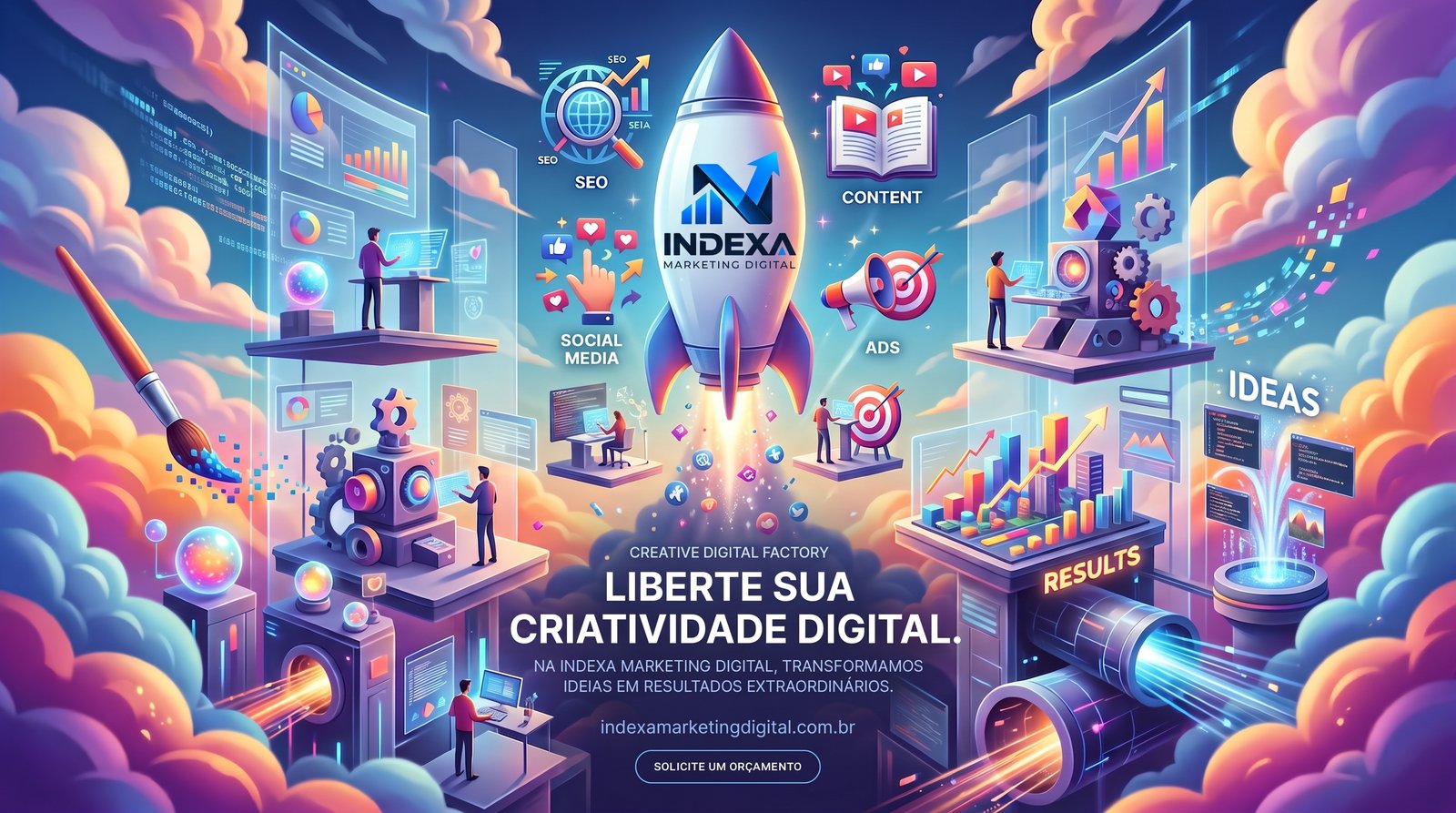 Ilustração de um foguete decolando cercado por ícones de SEO, redes sociais, anúncios e conteúdo, representando o crescimento digital